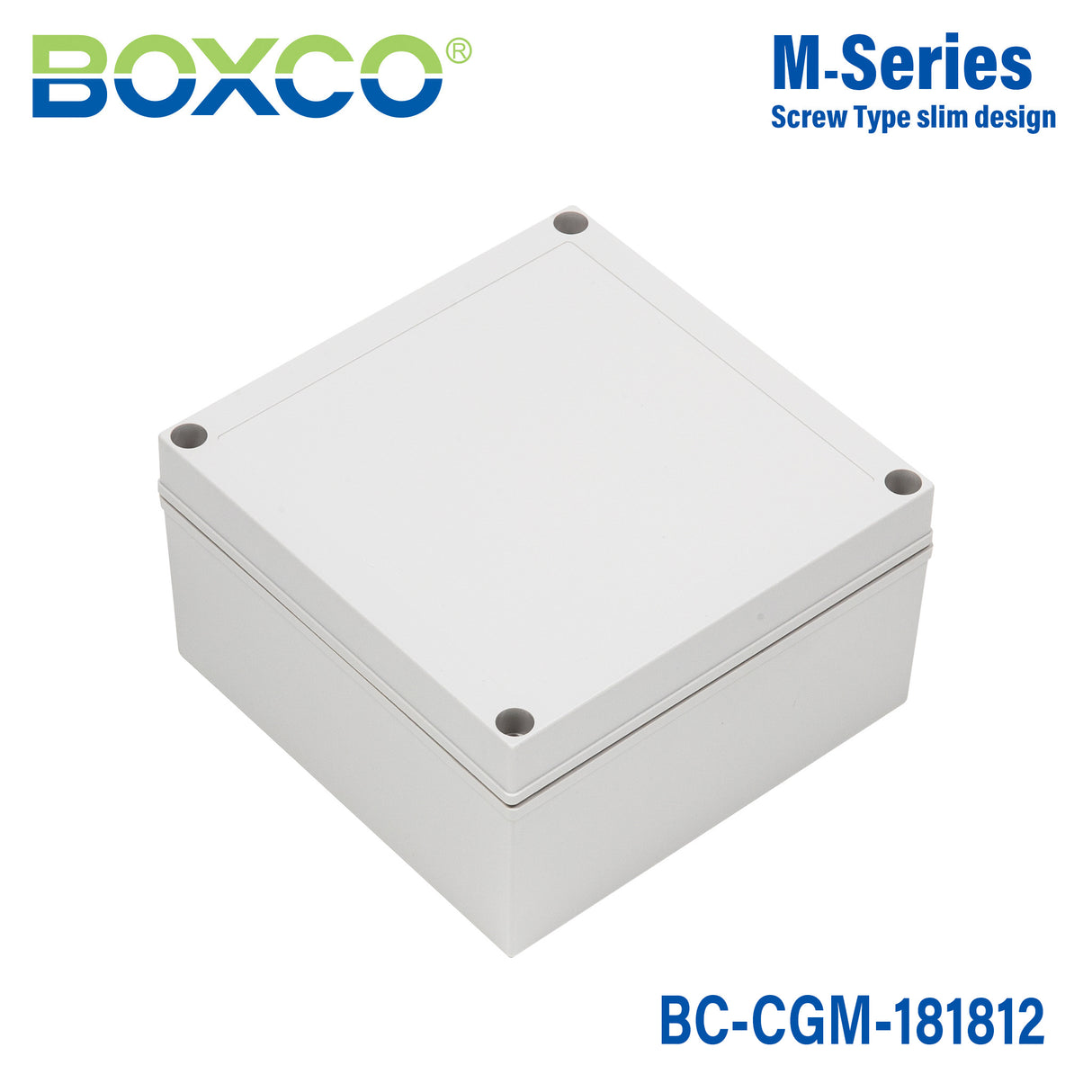 Boxco M-Series 7.09 x 7.09 x 4.92 Inches(180 x 180 x 125mm) Plastic Enclosure, IP67, IK08, PC, Grey Cover, Screw Type