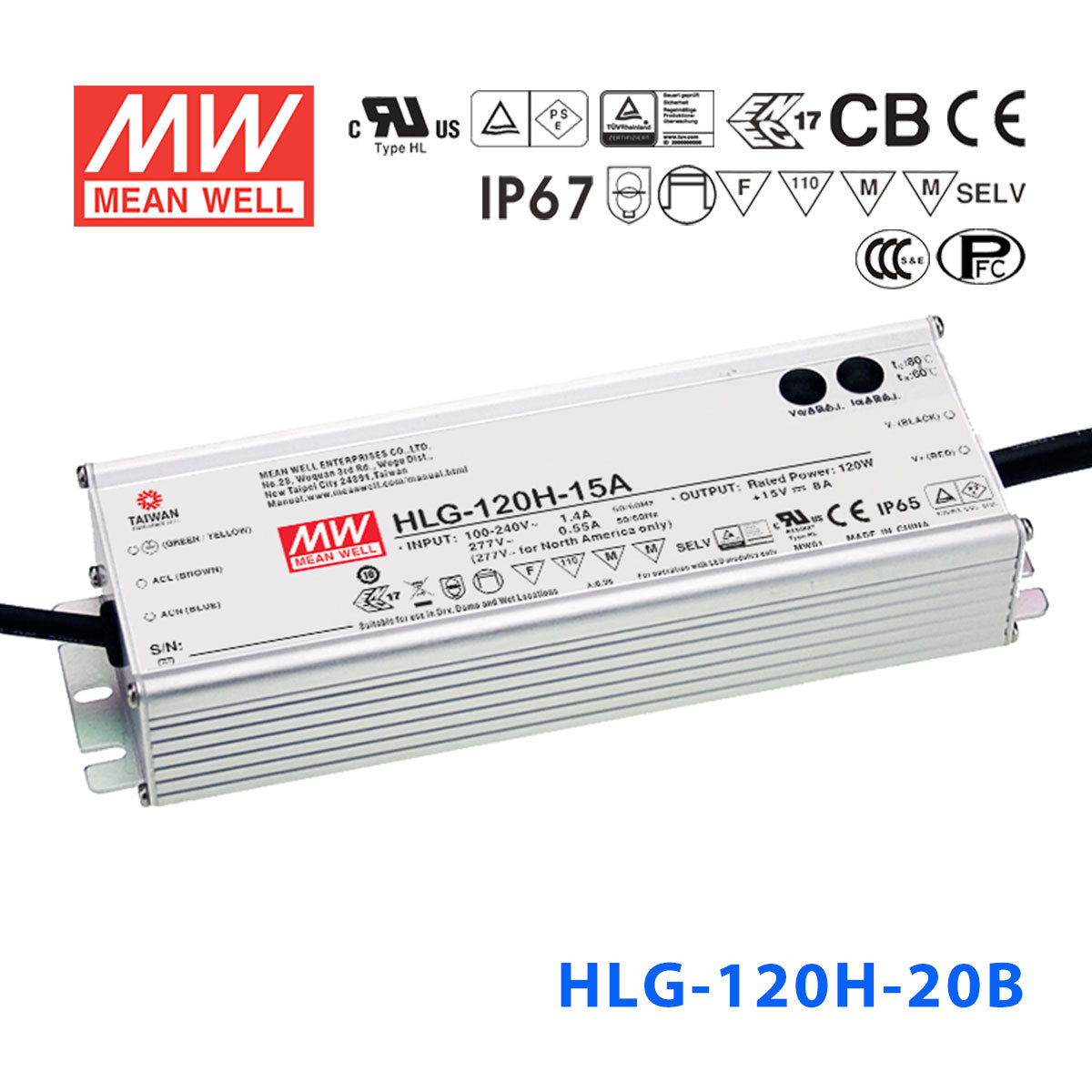 Mean Well HLG-120H-20AB Power Supply 120W 20V - Adjustable and Dimmable