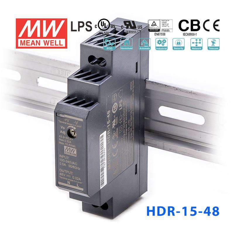 Mean Well HDR-15-48 Ultra Slim Step Shape Power Supply 15W 48V - DIN Rail