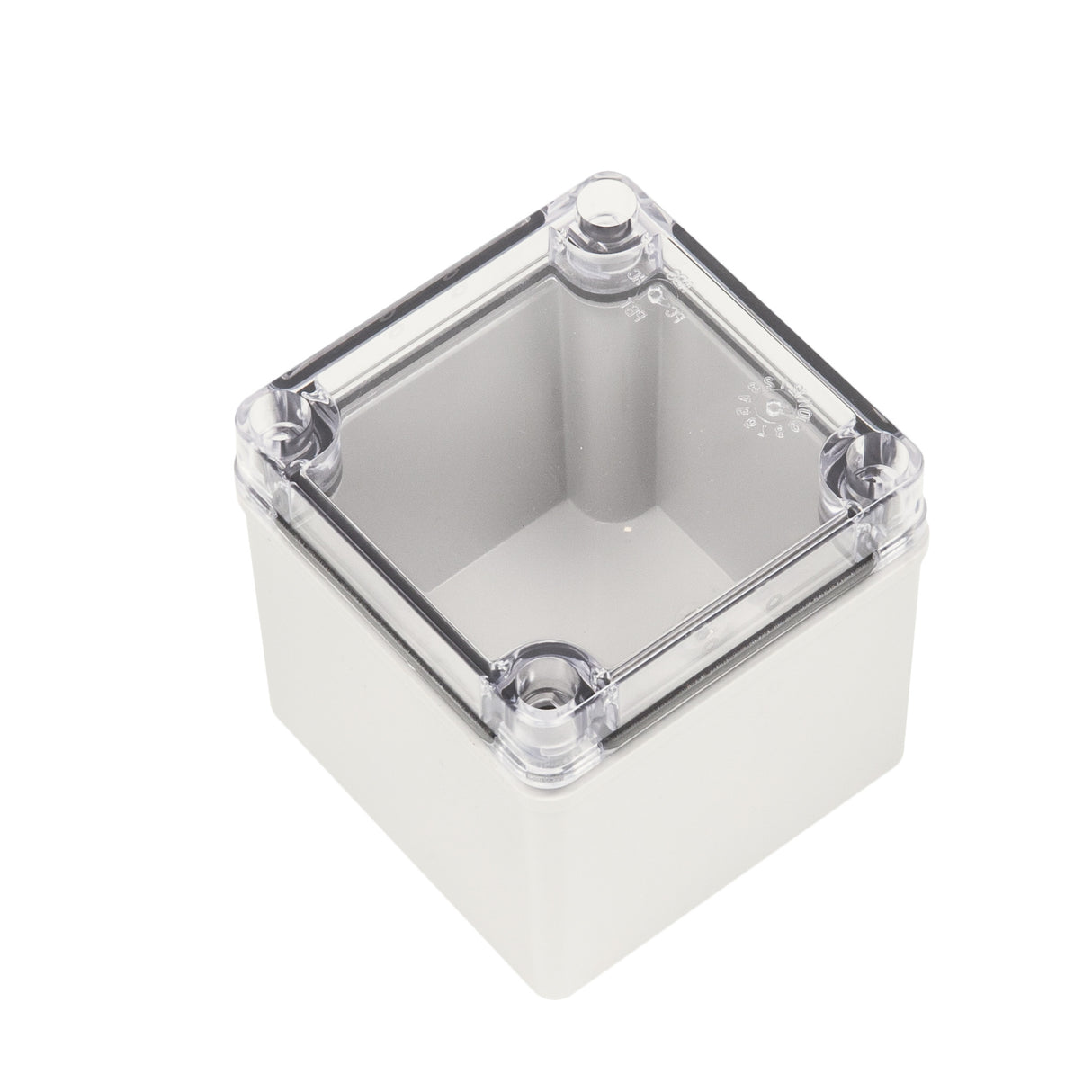 Boxco S-Series 3.94 x 3.94 x 3.94 Inches(100x100x100mm) Plastic Enclosure, IP67, IK08, PC, Transparent Cover, Screw Type - PHOTO 1