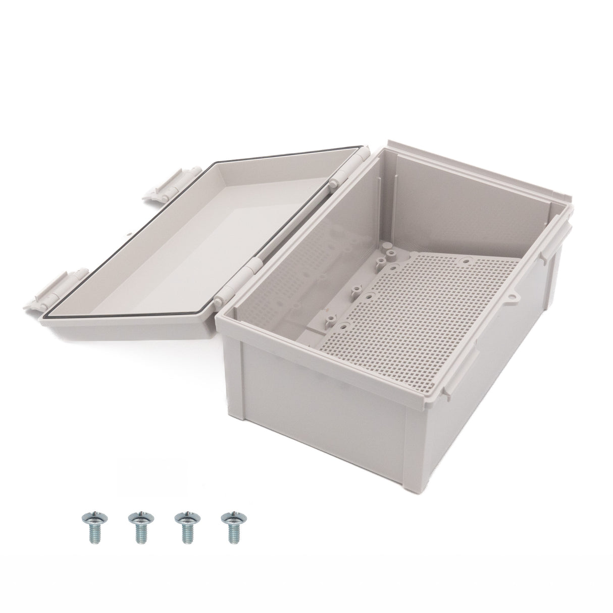 Boxco Q-Series 7.87 x 11.81 x 5.51 Inches(200 x 300 x 140mm) Plastic Enclosure, IP67, IK08, ABS, Grey Cover, Hinge Type with Plate - PHOTO 3