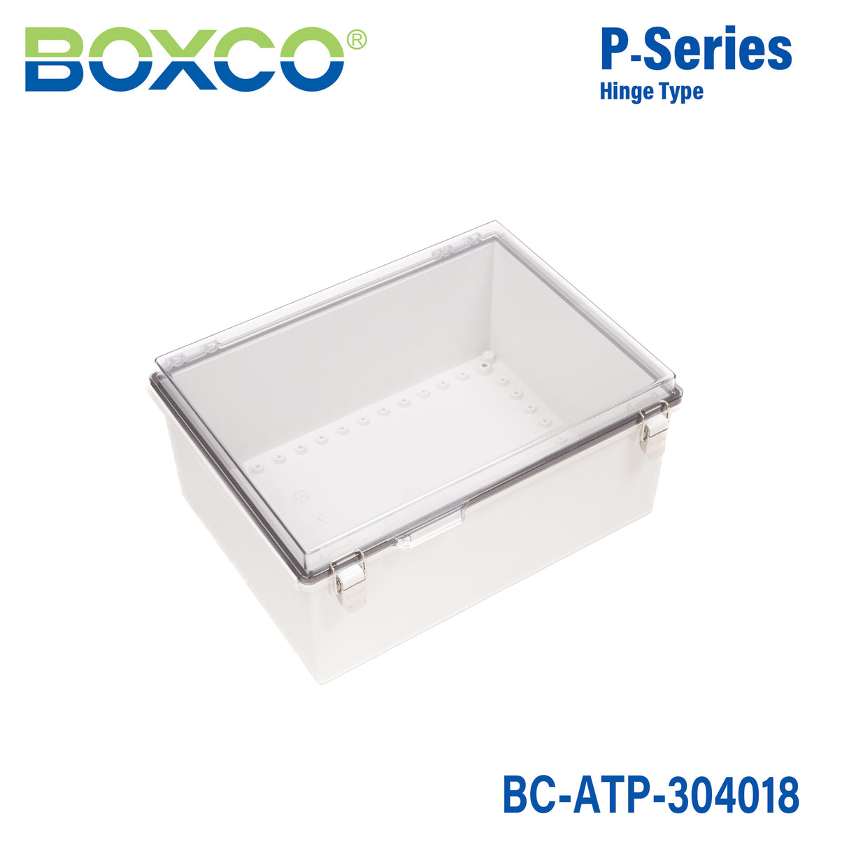 Boxco P-Series 11.81 x 15.75 x 7.09 Inches(300 x 400 x 180mm) Plastic Enclosure, IP67, IK08, ABS, Transparent Cover, Molded Hinge and Latch Type