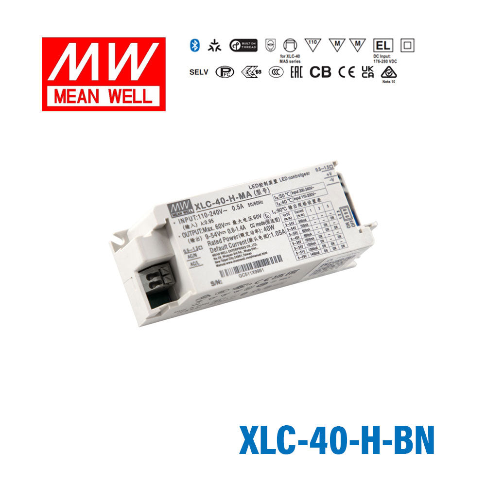 Mean Well XLC-40-H-BN LED Driver 40W 1050mA 9~54V Constant Power, 3 in 1 Dimming, NFC Current Setting