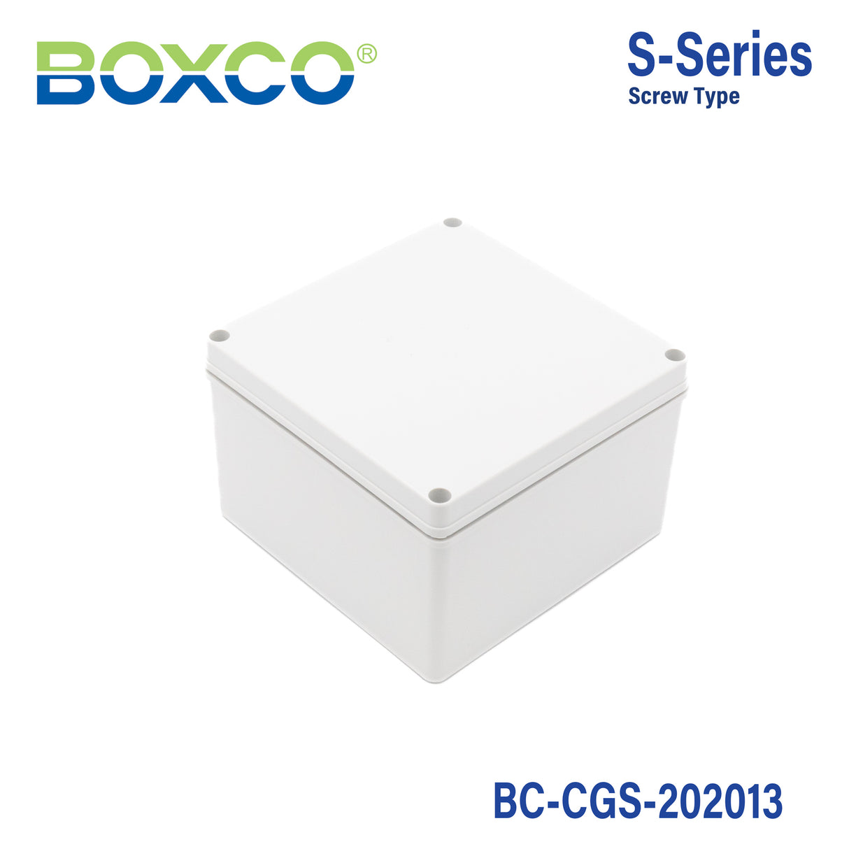 Boxco S-Series 7.87 x 7.87 x 5.12 Inches(200x200x130mm) Plastic Enclosure, IP67, IK08, PC, Grey Cover, Screw Type