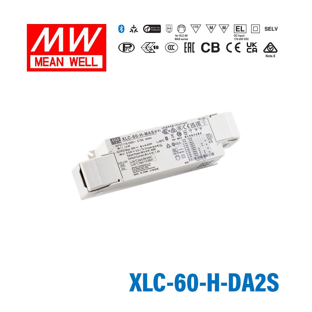 Mean Well XLC-60-H-DA2S LED Driver 60W 1400mA 9~54V Constant Power, DALI2 + Push Dimming with Strain-relief, Current Setting by Dip Switch
