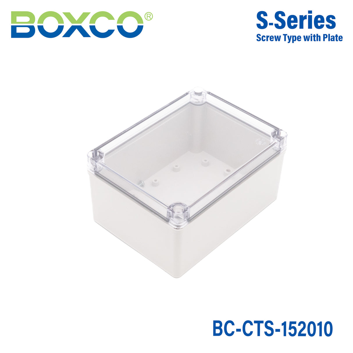 Boxco S-Series 5.91 x 7.87 x 3.94 Inches(150x200x100mm) Plastic Enclosure, IP67, IK08, PC, Transparent Cover, Screw Type