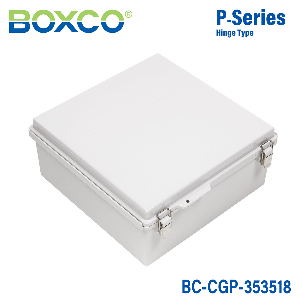 Boxco P-Series 13.78 x 13.78 x 7.09 Inches(350 x 350 x 180mm) Plastic Enclosure, IP67, IK08, PC, Grey Cover, Molded Hinge and Latch Type