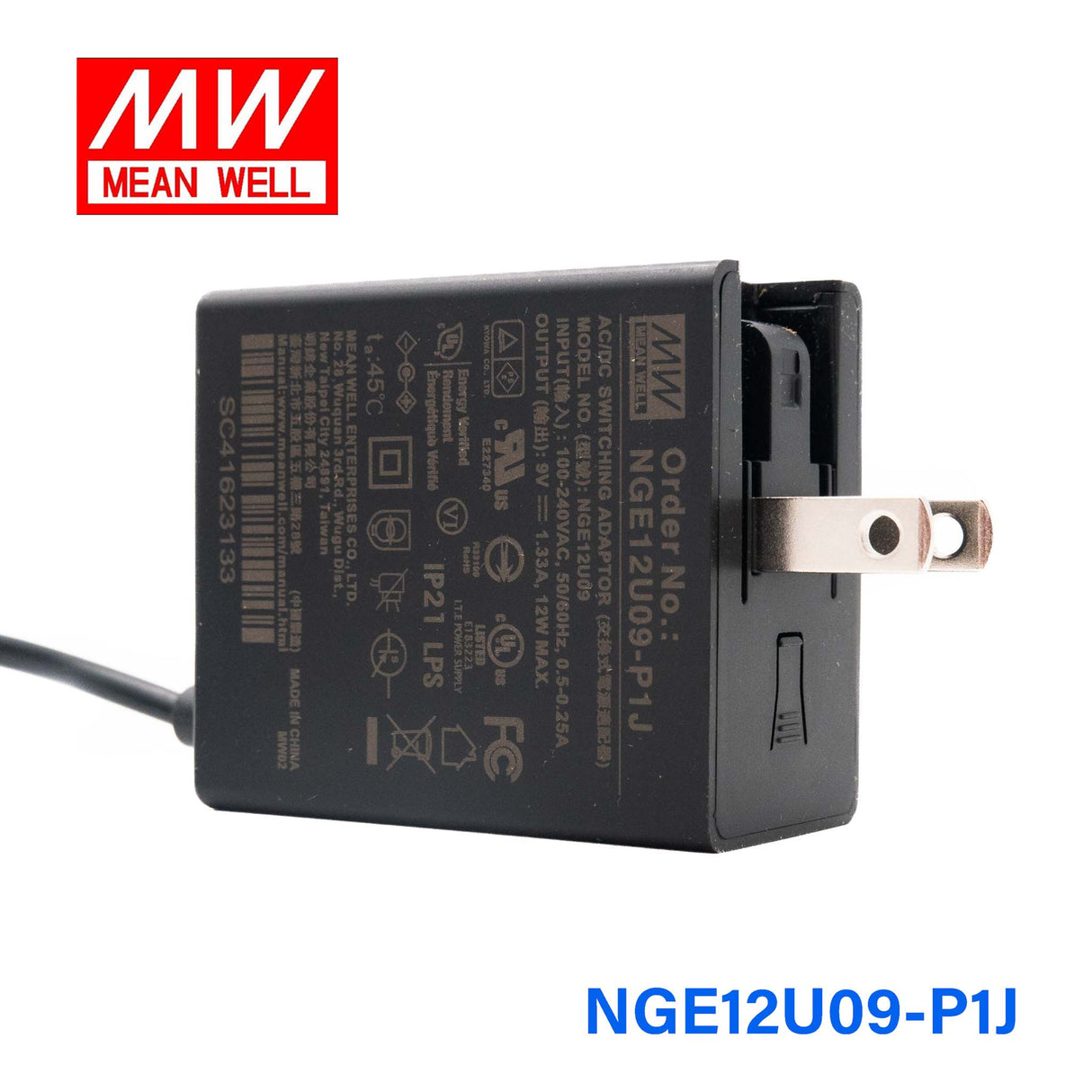 Mean Well NGE12U09-P1J AC-DC Wall-mounted Green Adaptor - US Plug - 12W 9V 1.33A