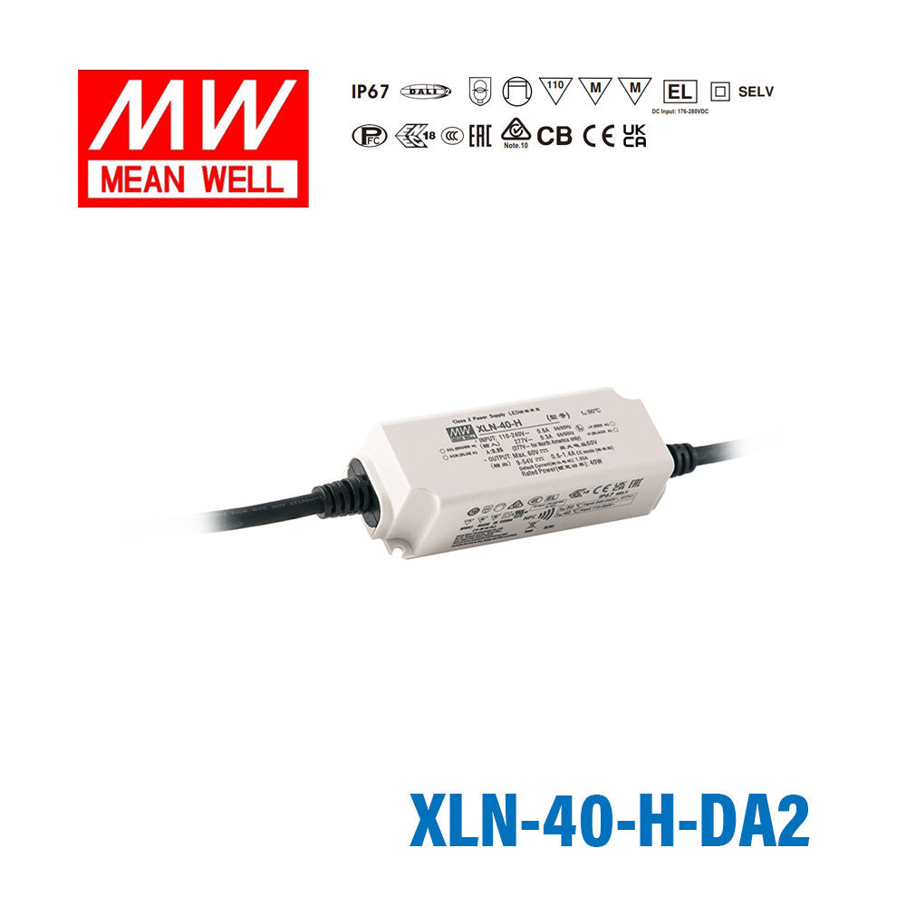 Mean Well XLN-40-H-DA2 LED Driver 40W 1050mA 9~54V Constant Power IP67, DALI2 + Push Dimming, NFC Current Setting
