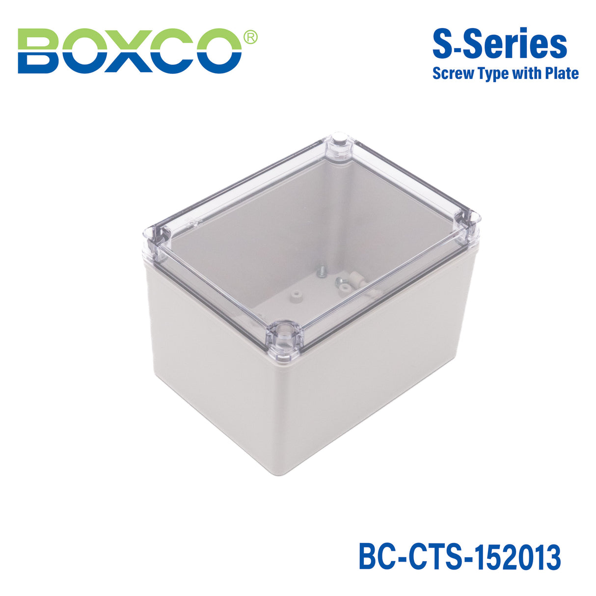 Boxco S-Series 5.91 x 7.87 x 5.12 Inches(150x200x130mm) Plastic Enclosure, IP67, IK08, PC, Transparent Cover, Screw Type