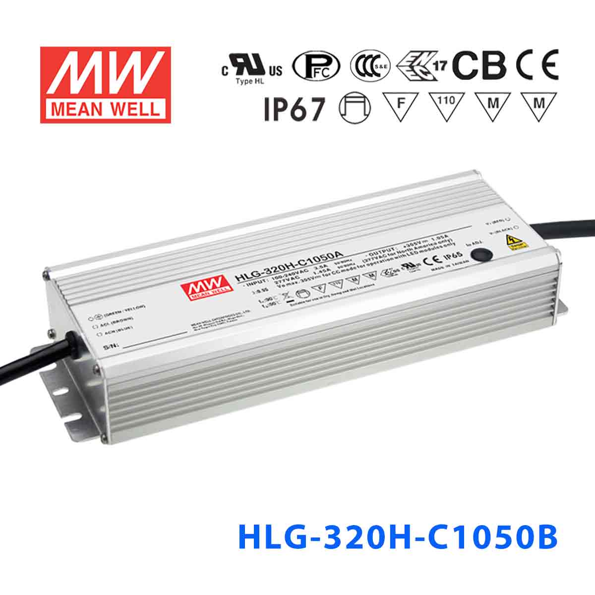 Mean Well HLG-320H-C1050AB Power Supply 320.25W 1050mA - Adjustable and Dimmable