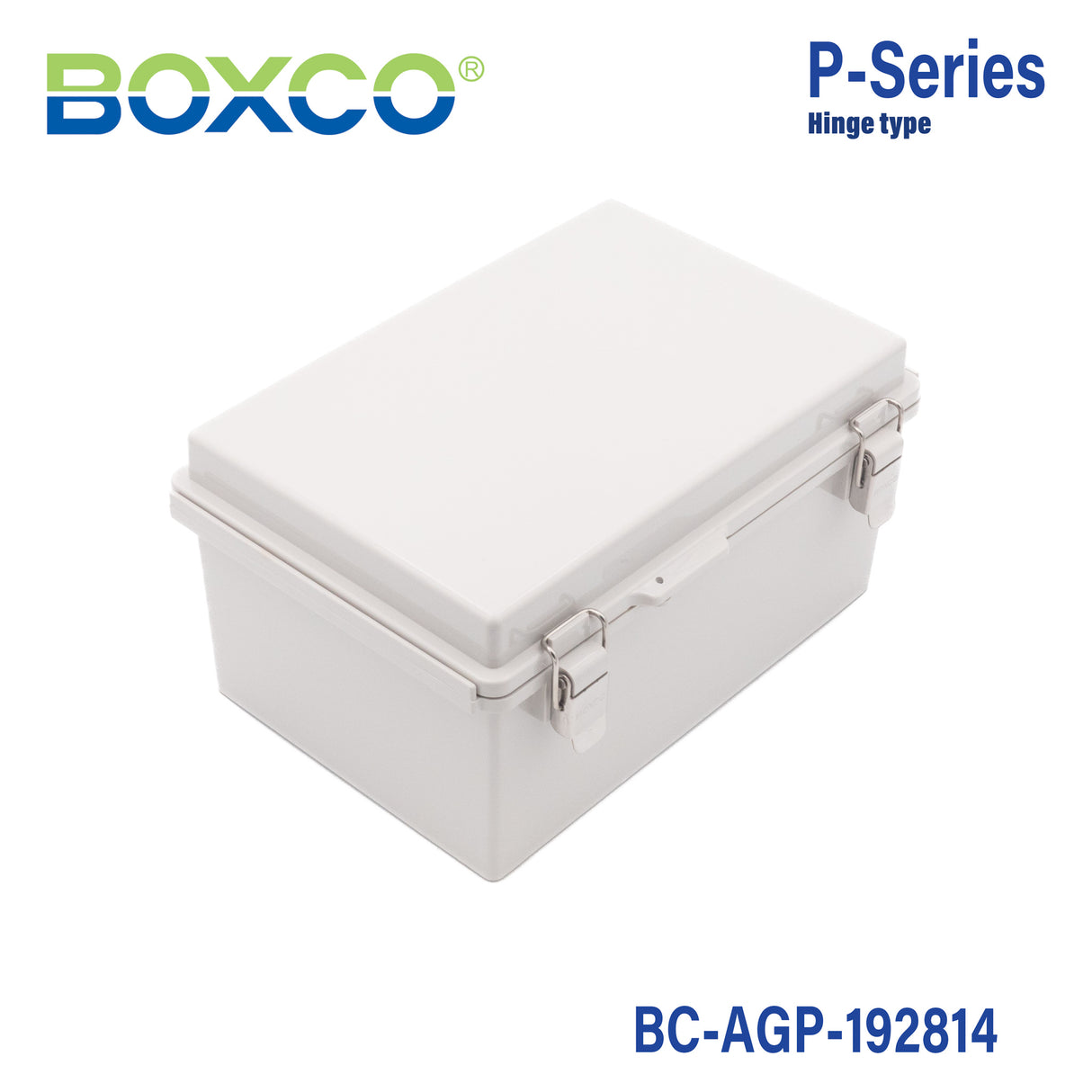 Boxco P-Series 7.48 x 11.02 x 5.51 Inches(190 x 280 x 140mm) Plastic Enclosure, IP67, IK08, ABS, Grey Cover, Molded Hinge and Latch Type