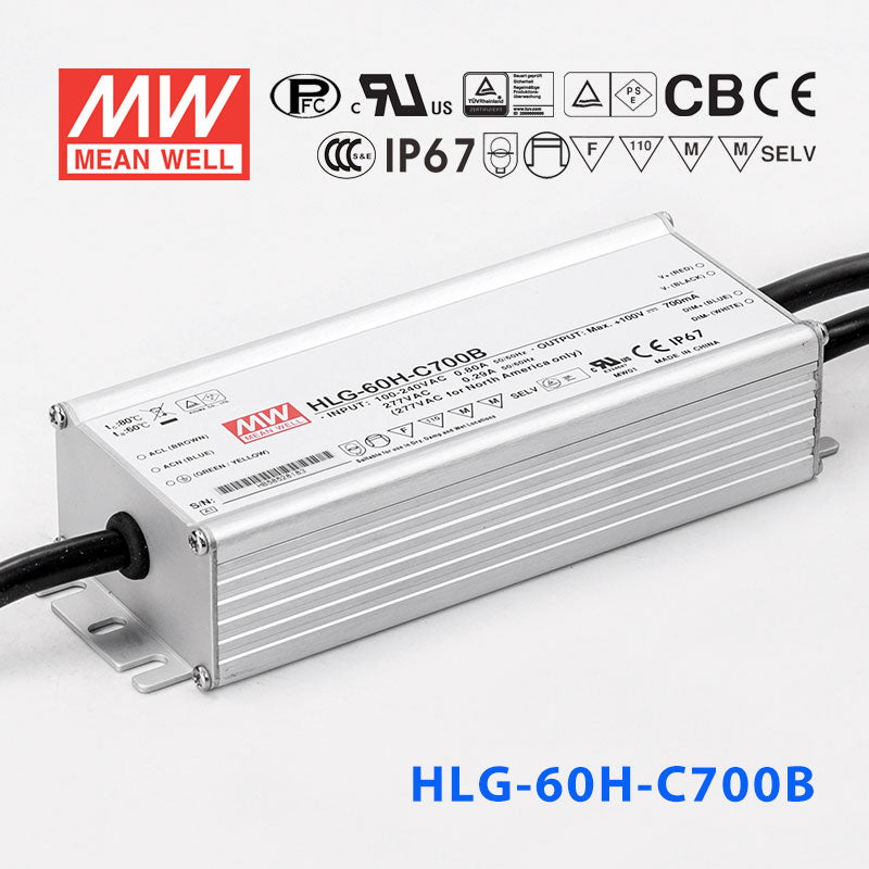 Mean Well HLG-60H-C700AB Power Supply 70W 700mA - Adjustable and Dimmable
