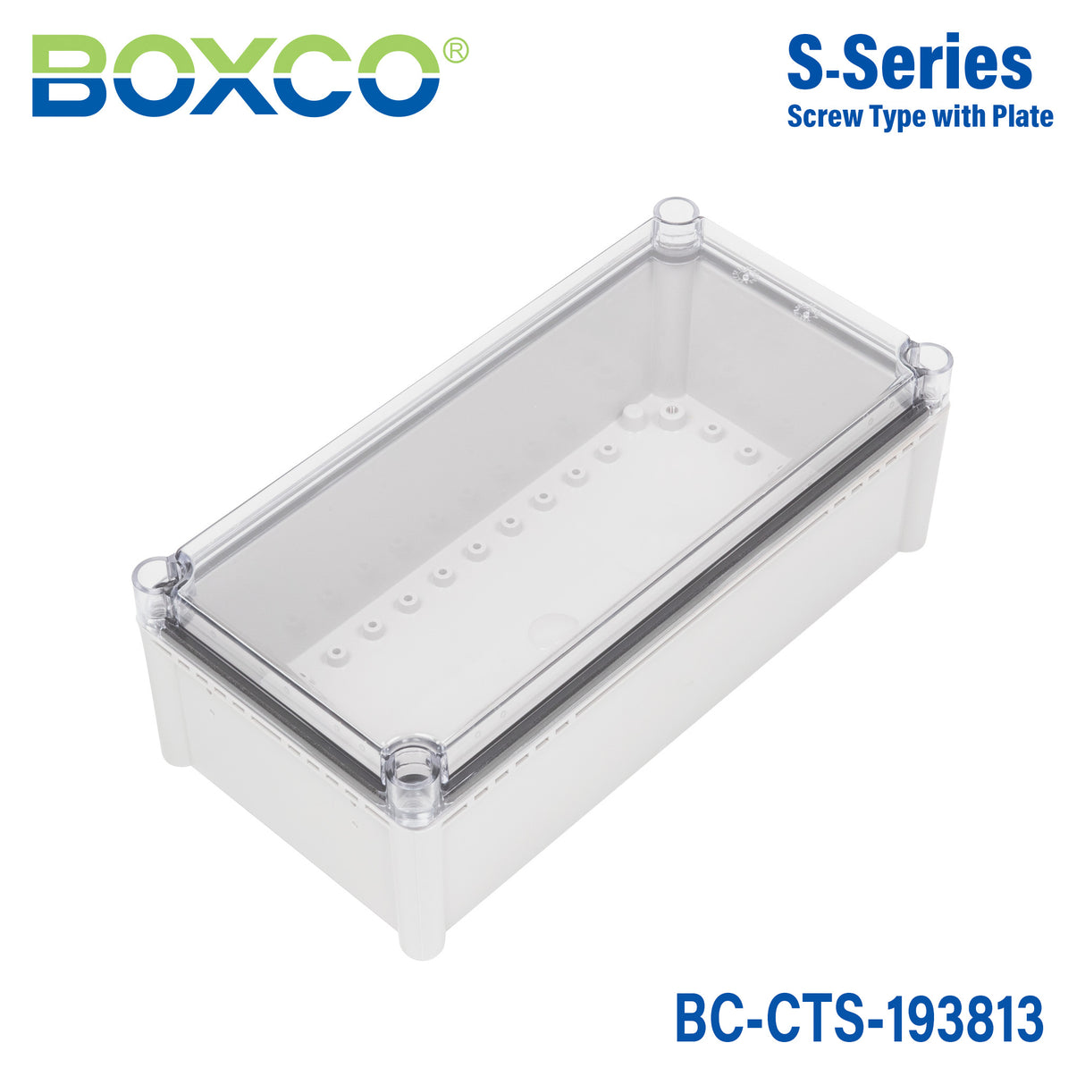 Boxco S-Series 7.48 x 14.96 x 5.12 Inches(190x380x130mm) Plastic Enclosure, IP67, IK08, PC, Transparent Cover, Screw Type