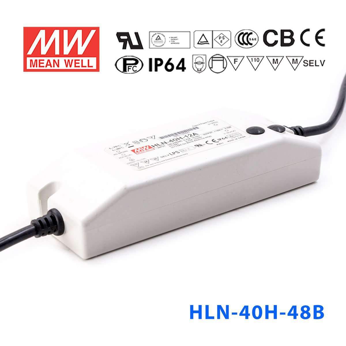 Mean Well HLN-40H-48B Power Supply 40W 48V - IP64, Dimmable 840mA