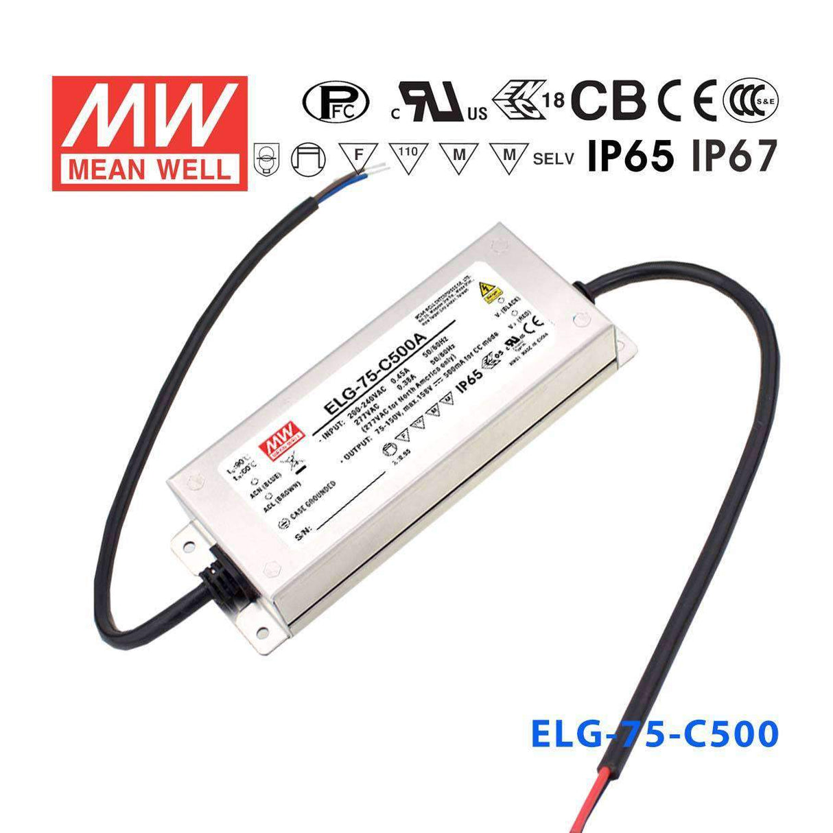 Mean Well ELG-75-C500AB Power Supply 75W 500mA - Adjustable and Dimmable