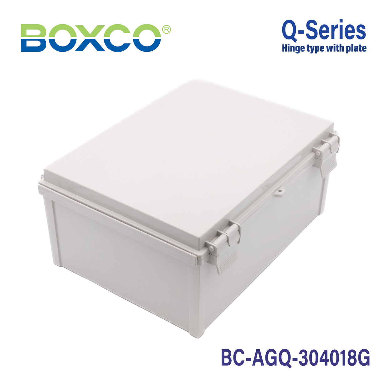 Boxco Q-Series 11.81 x 15.75 x 7.09 Inches(300 x 400 x 180mm) Plastic Enclosure, IP67, IK08, ABS, Grey Cover, Hinge Type with Plate