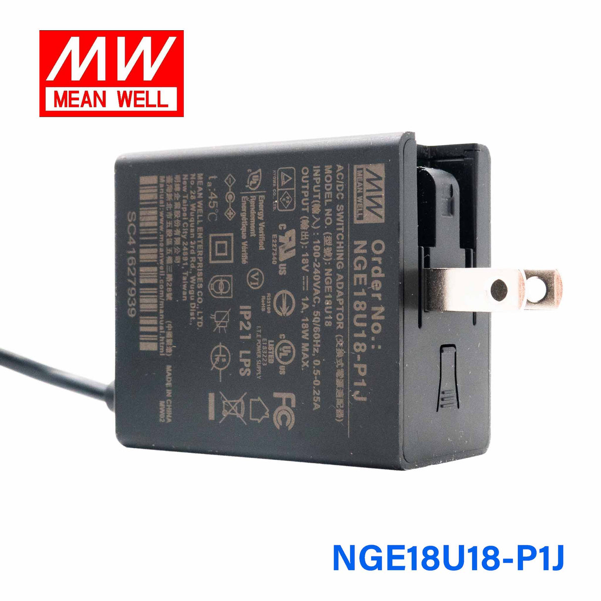 Mean Well NGE18U18-P1J AC-DC Wall-mounted Green Adaptor - US Plug - 18W 18V 1A