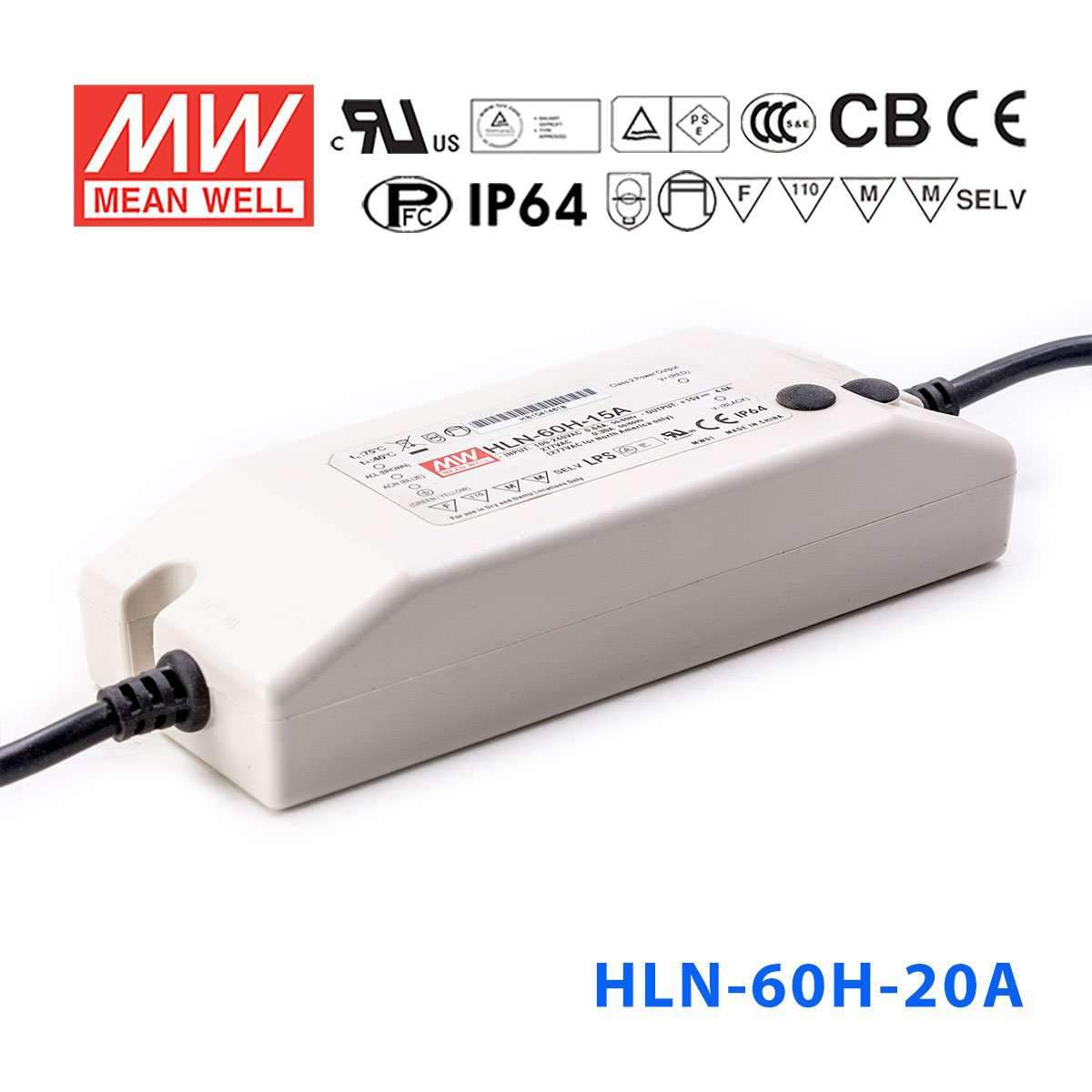 Mean Well HLN-60H-20A Power Supply 60W 20V - IP64, Adjustable 3A