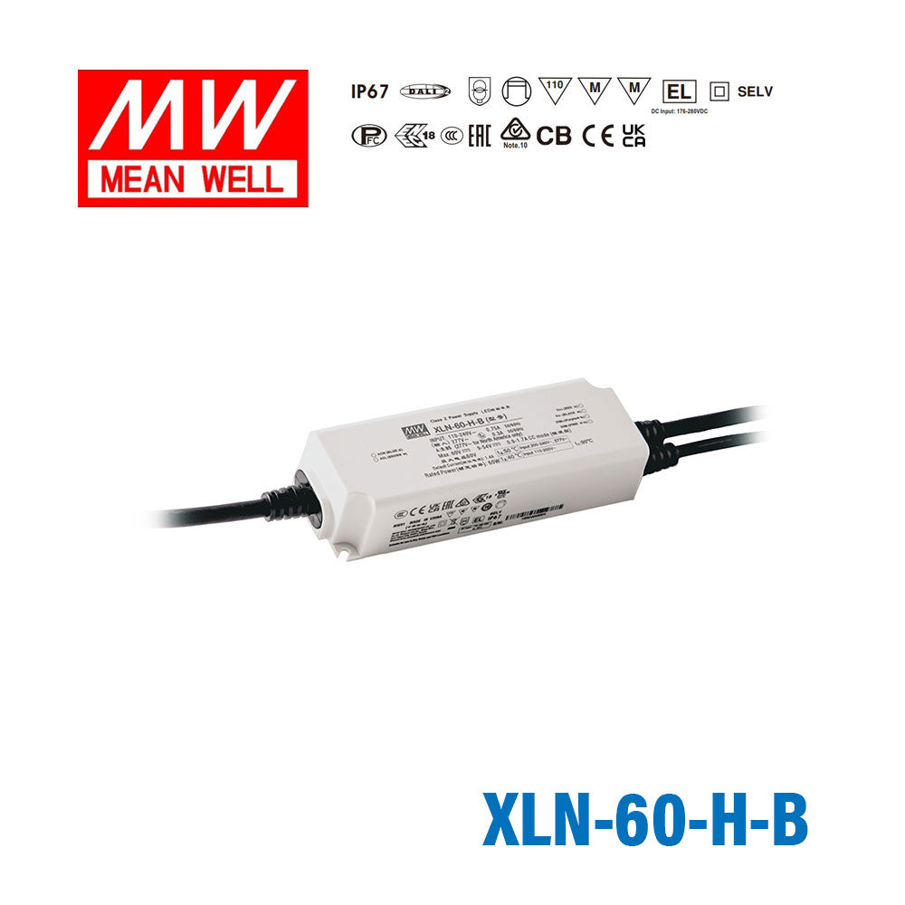 Mean Well XLN-60-H-B LED Driver 60W 1400mA 9~54V Constant Power IP67, 3 in 1 Dimming, NFC Current Setting