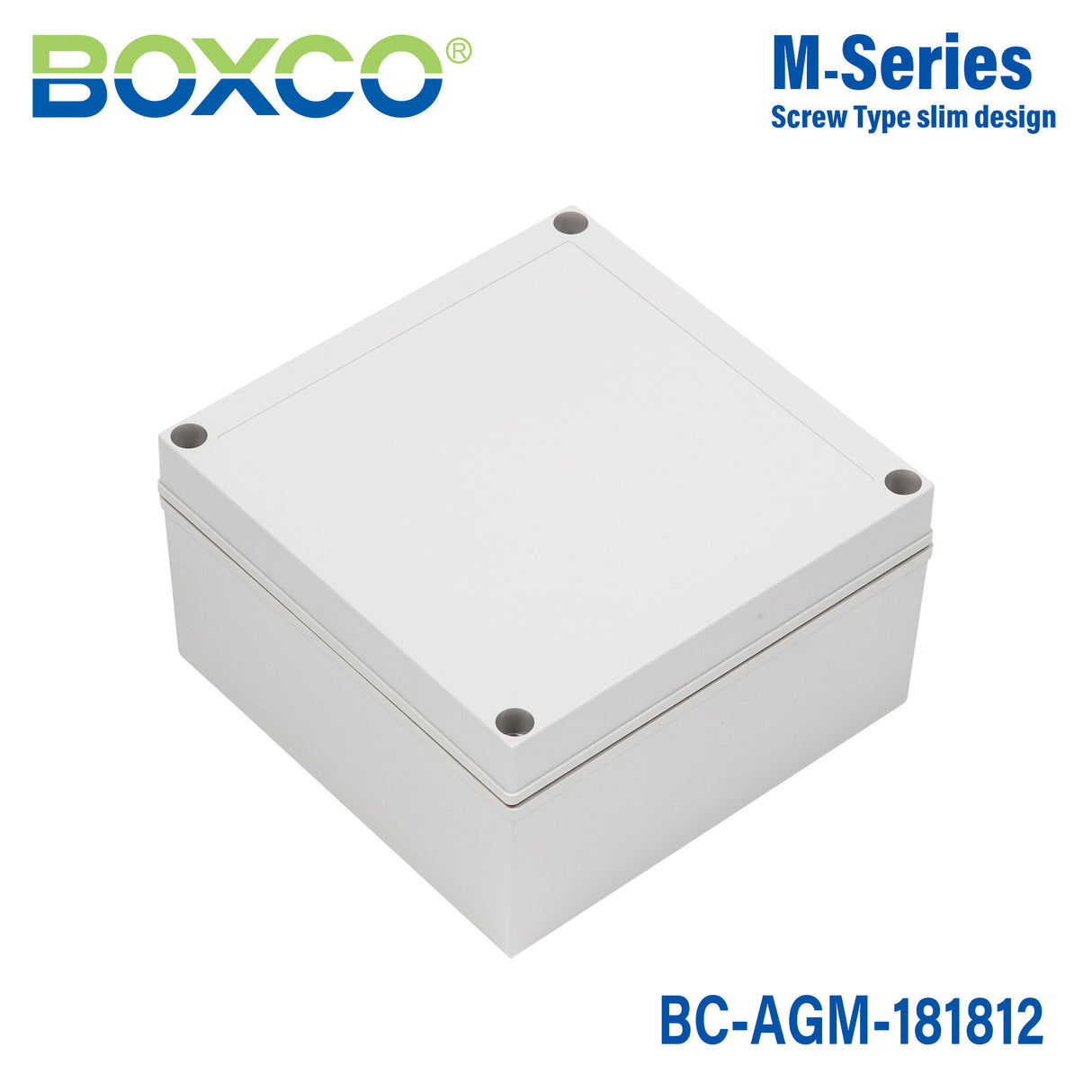 Boxco M-Series 7.09 x 7.09 x 4.92 Inches(180 x 180 x 125mm) Plastic Enclosure, IP67, IK08, ABS, Grey Cover, Screw Type