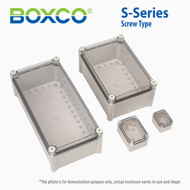 Boxco S-Series 11.02 x 13.39 x 5.12 Inches(280x340x130mm) Plastic Enclosure, IP67, IK08, PC, Transparent Cover, Screw Type