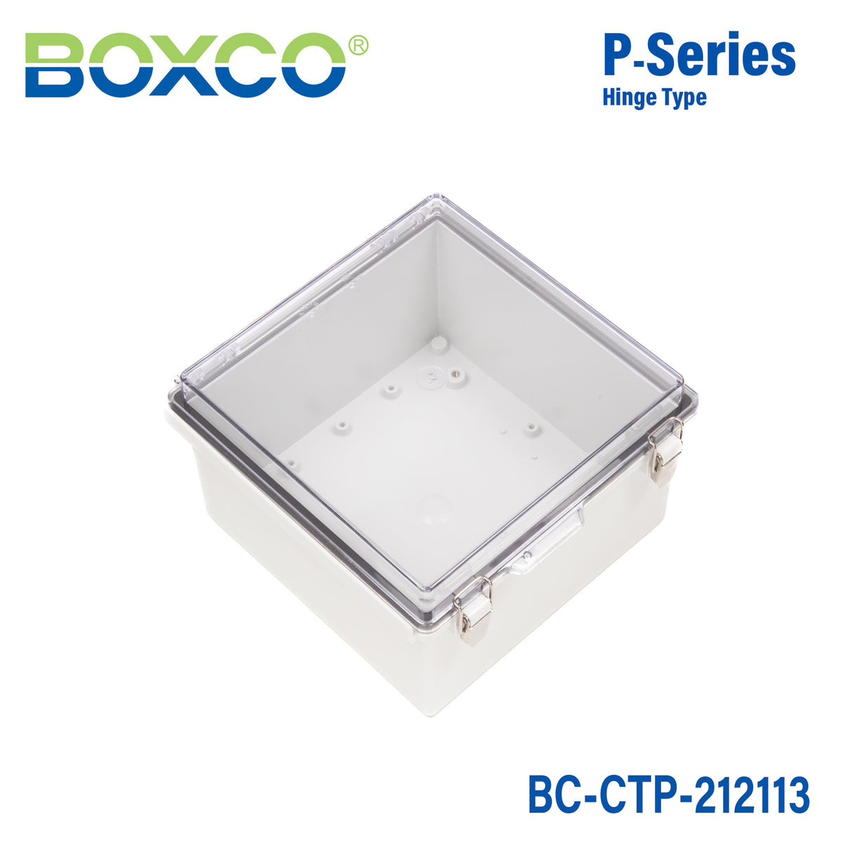 Boxco P-Series 8.27 x 8.27 x 5.12 Inches(210 x 210 x 130mm) Plastic Enclosure, IP67, IK08, PC, Transparent Cover, Molded Hinge and Latch Type