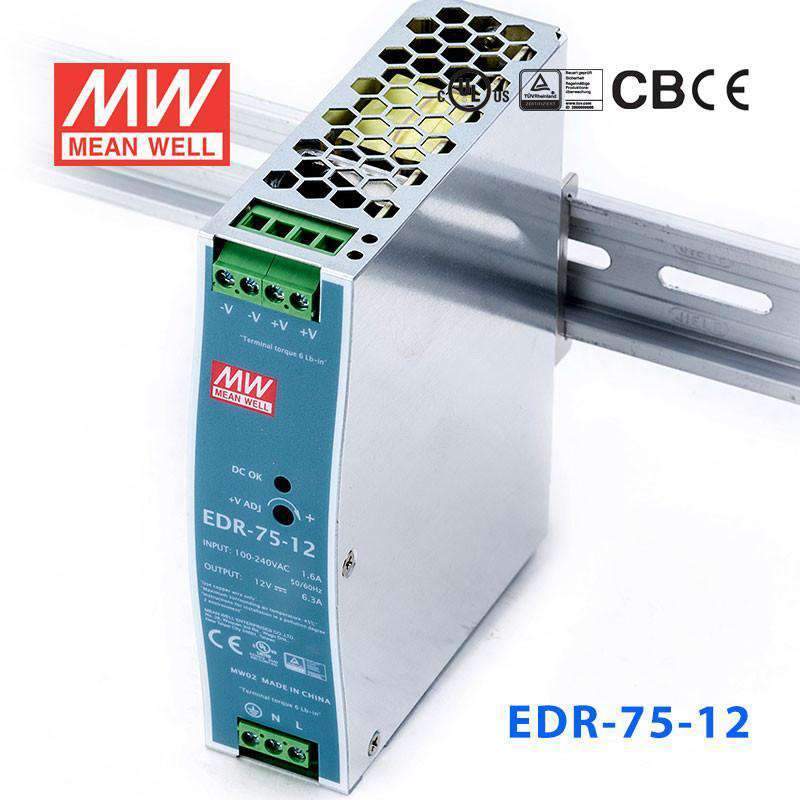 Mean Well EDR-75-12 Single Output Industrial Power Supply 75W 12V - DIN Rail
