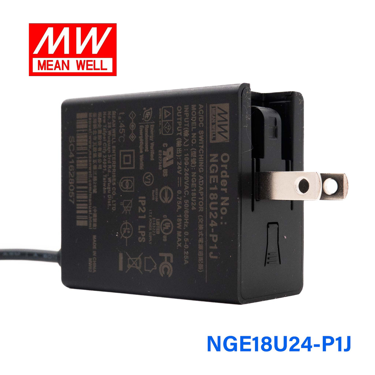 Mean Well NGE18U24-P1J AC-DC Wall-mounted Green Adaptor - US Plug - 18W 24V 0.75A