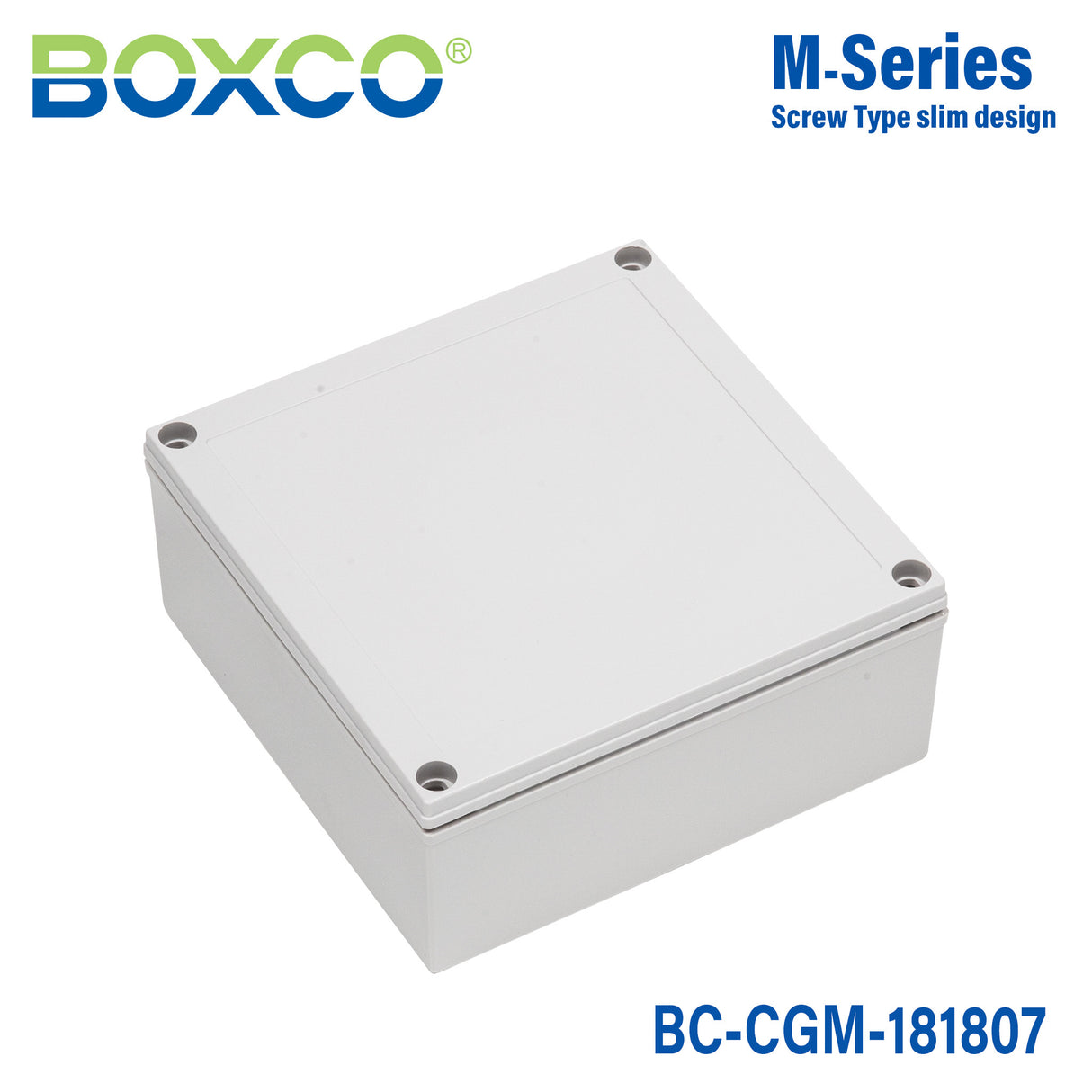 Boxco M-Series 7.09 x 7.09 x 2.95 Inches(180 x 180 x 75mm) Plastic Enclosure, IP67, IK08, PC, Grey Cover, Screw Type