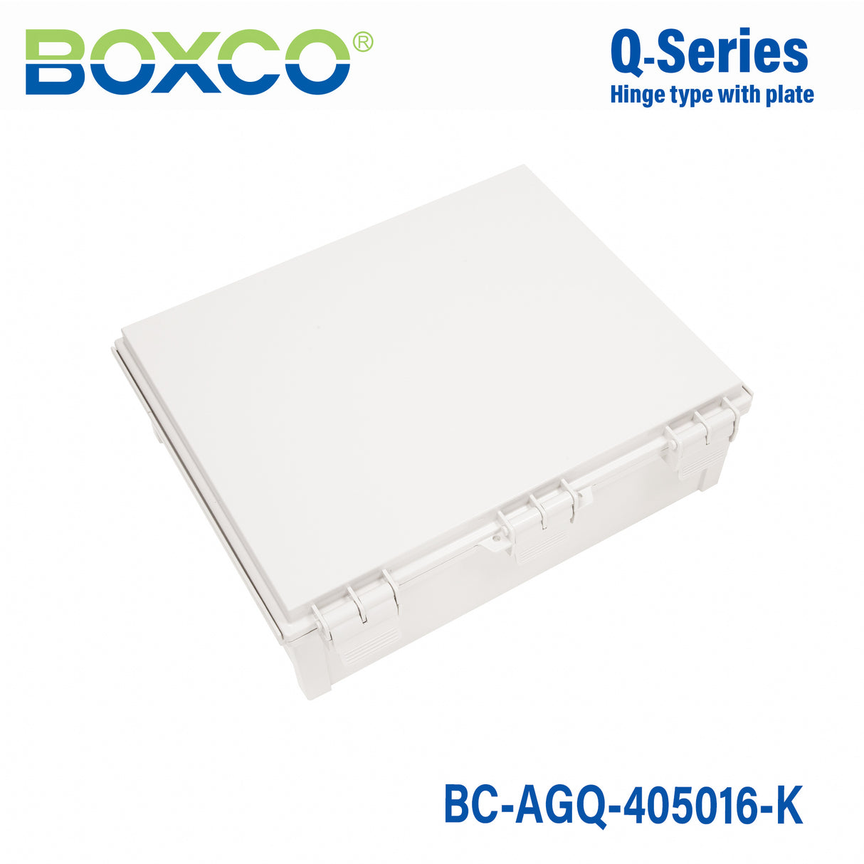 Boxco Q-Series 15.75 x 17.71 x 6.30 Inches(400 x 450 x 160mm) Plastic Enclosure, IP67, IK08, ABS, Grey Cover, Hinge Type with Plate
