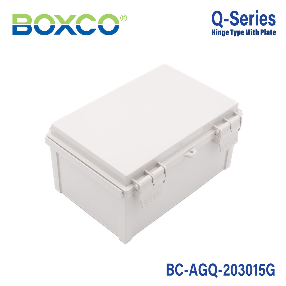 Boxco Q-Series 7.87 x 11.81 x 5.91 Inches(200 x 300 x 150mm) Plastic Enclosure, IP67, IK08, ABS, Grey Cover, Hinge Type with Plate