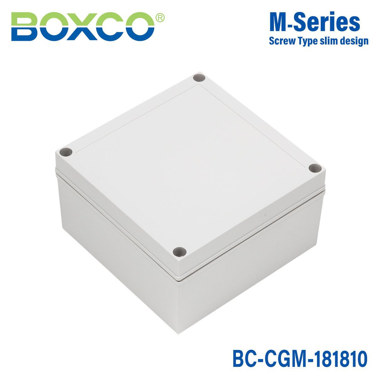 Boxco M-Series 7.09 x 7.09 x 3.94 Inches(180 x 180 x 100mm) Plastic Enclosure, IP67, IK08, PC, Grey Cover, Screw Type