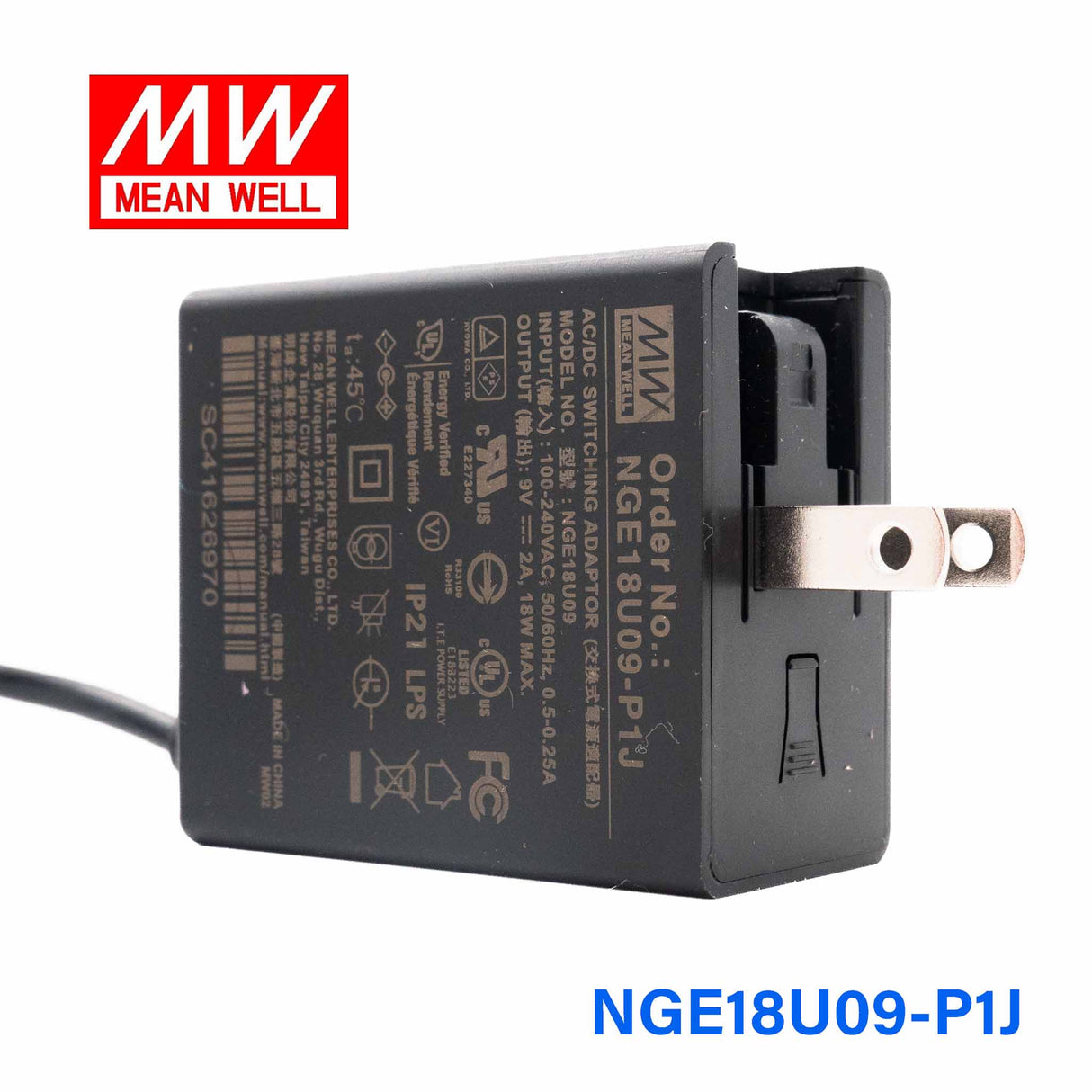 Mean Well NGE18U09-P1J AC-DC Wall-mounted Green Adaptor - US Plug - 18W 9V 2A