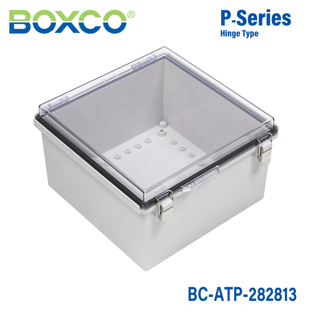 Boxco P-Series 11.02 x 11.02 x 5.12 Inches(280 x 280 x 130mm) Plastic Enclosure, IP67, IK08, ABS, Transparent Cover, Molded Hinge and Latch Type