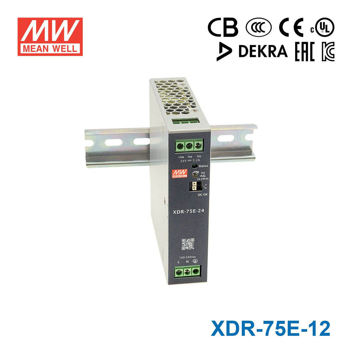 Mean Well XDR-75E-12 Economical Ultra Slim Din Rail Power Supply 75.6W 12V