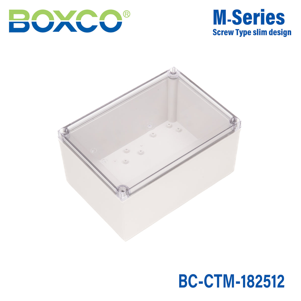 Boxco M-Series 7.09 x 10.04 x 4.92 Inches(180 x 255 x 125mm) Plastic Enclosure, IP67, IK08, PC, Transparent Cover, Screw Type