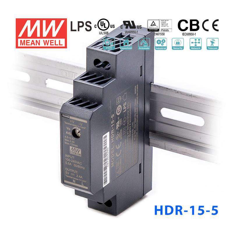 Mean Well HDR-15-5 Ultra Slim Step Shape Power Supply 15W 5V - DIN Rail