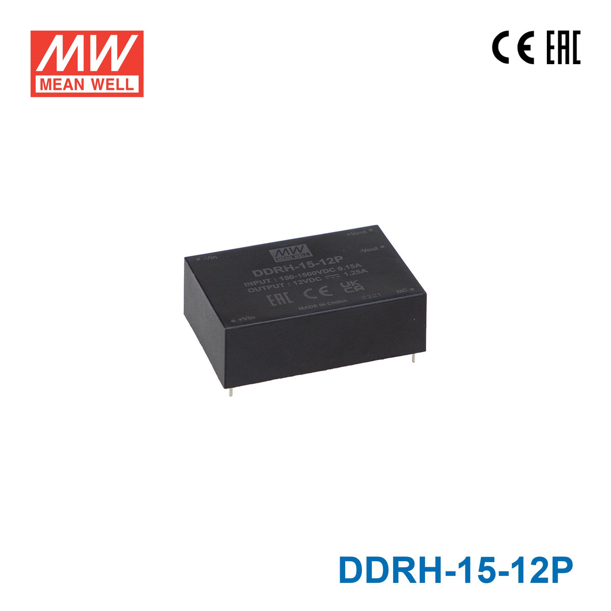 Mean Well DDRH-15-12P Ultra Wide Input DC-DC Converter, 15W 12V, PCB Mounting Type 1.25A
