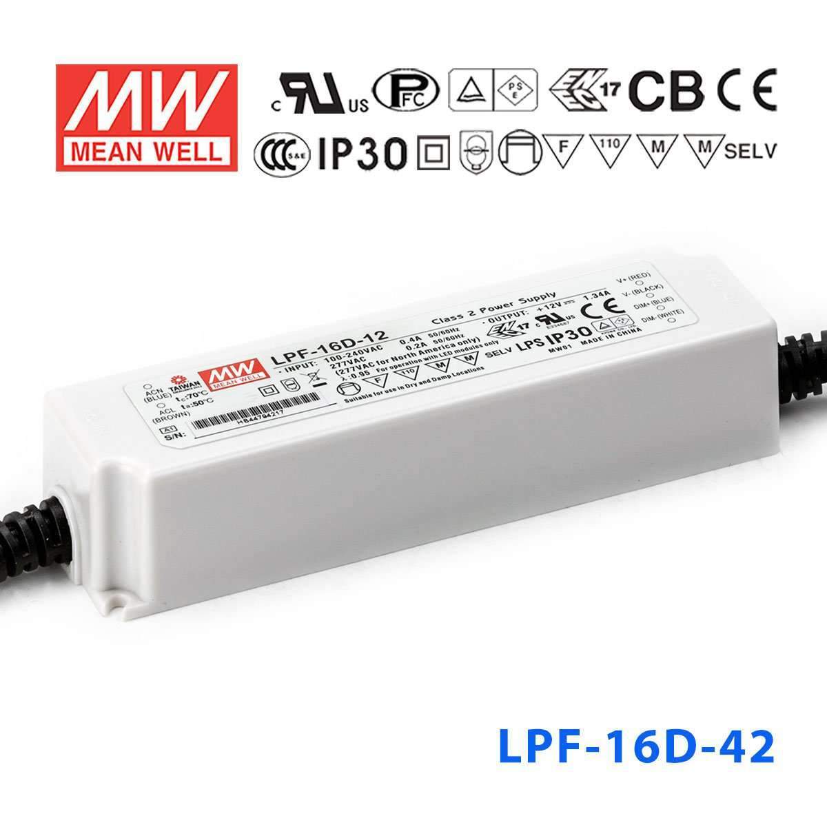 Mean Well LPF-16D-42 Power Supply 16W 42V - Dimmable 390mA