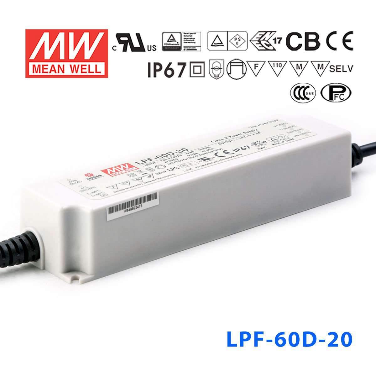 Mean Well LPF-60D-20 Power Supply 60W 20V - Dimmable 3A