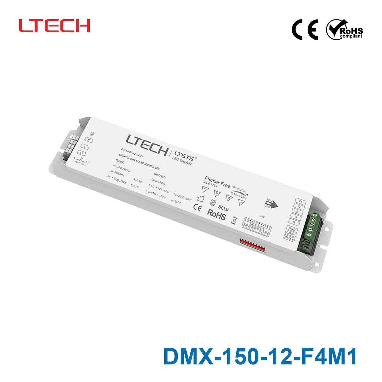 Ltech DMX-150-12-F4M1 150W 12VDC CV DMX LED Driver - DMX dimmable