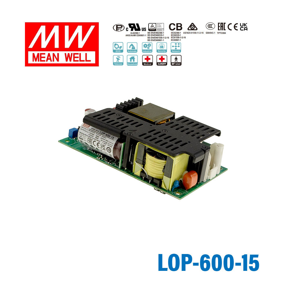 Mean Well LOP-600-15 600W 5"×3" Low Profile Open Frame Power Supply 15V