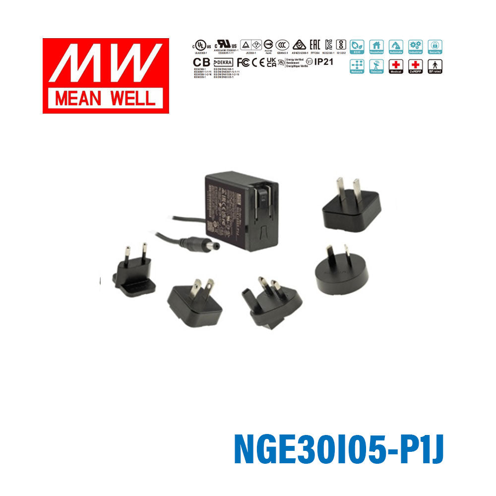 Mean Well NGE30I05-P1J AC-DC Wall-mounted Green Adaptor - Interchangeable Plug - 20W 5V 4A