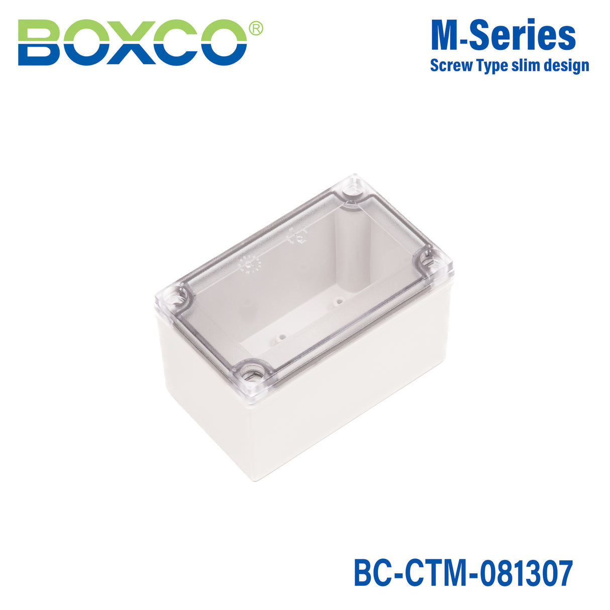 Boxco M-Series 3.15 x 5.12 x 2.95 Inches(80 x 130 x 75mm) Plastic Enclosure, IP67, IK08, PC, Transparent Cover, Screw Type