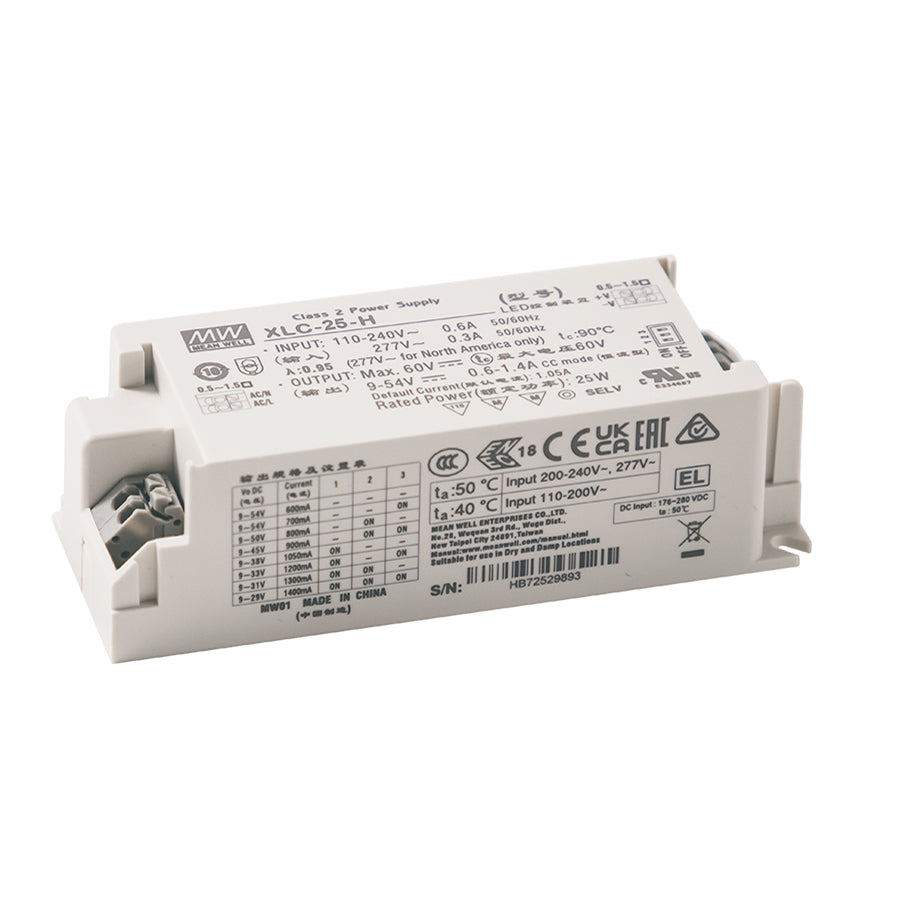 Mean Well XLC-25-H-DA2 LED Driver 25W 700mA 9~54V Constant Power, DALI2 + Push Dimming, Current Setting by Dip Switch