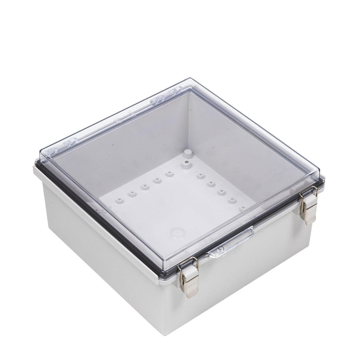Boxco P-Series 11.81 x 11.81 x 5.91 Inches(300 x 300 x 150mm) Plastic Enclosure, IP67, IK08, PC, Transparent Cover, Molded Hinge and Latch Type