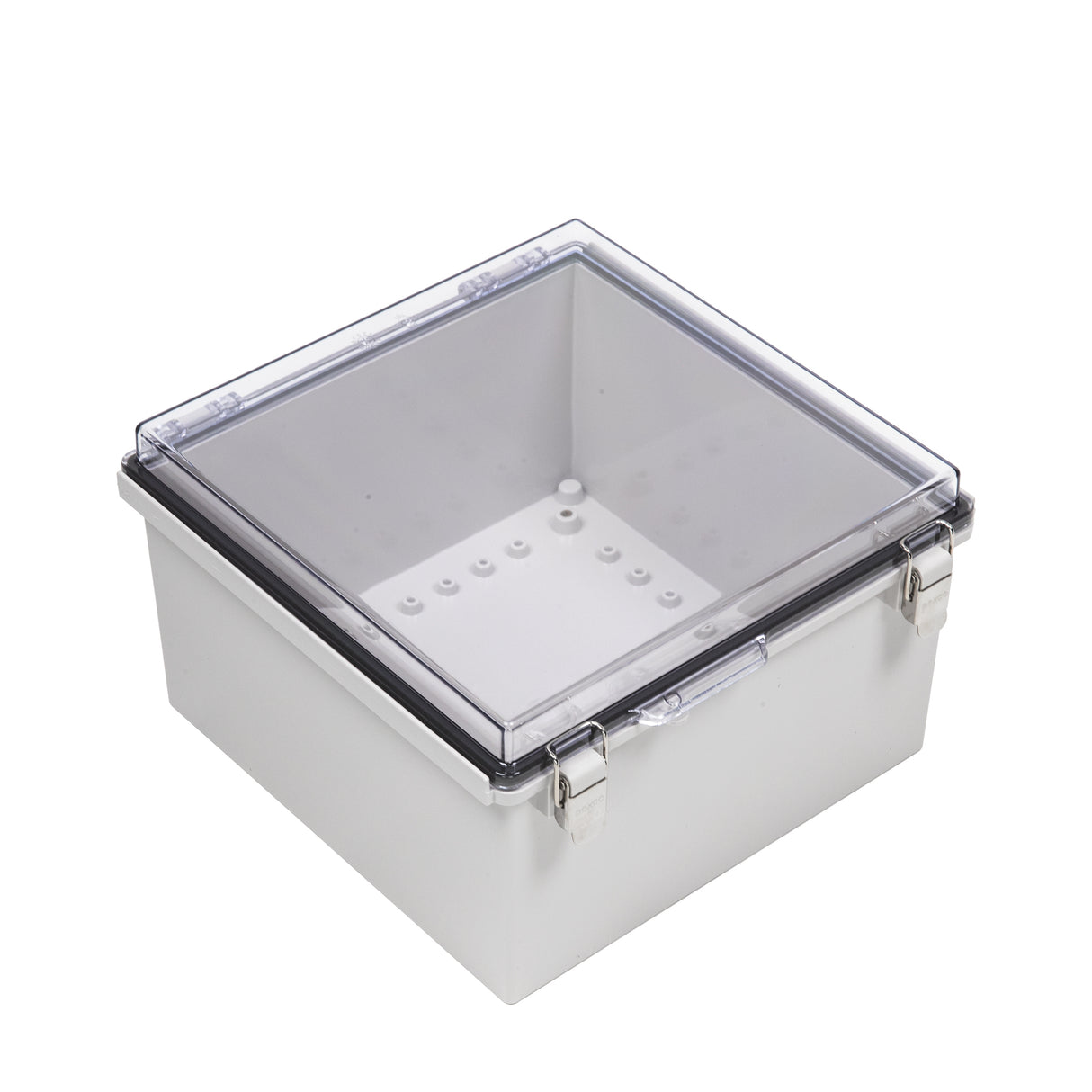 Boxco P-Series 11.81 x 11.81 x 7.09 Inches(300 x 300 x 180mm) Plastic Enclosure, IP67, IK08, ABS, Transparent Cover, Molded Hinge and Latch Type