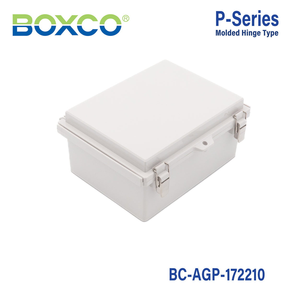 Boxco P-Series 170x220x100mm Plastic Enclosure, IP67, IK08, ABS, Grey Cover, Molded Hinge and Latch Type