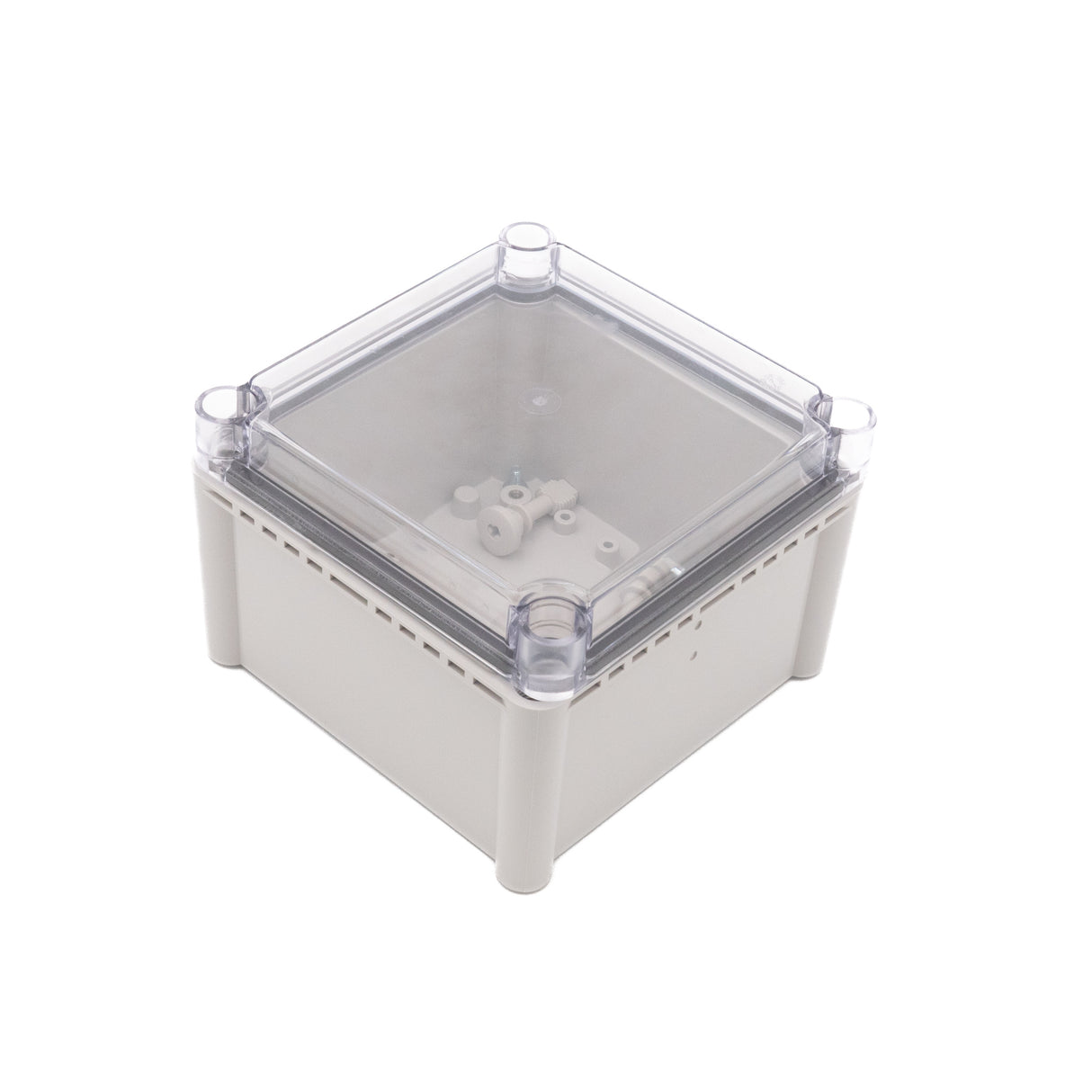 Boxco S-Series 7.48 x 7.48 x 5.12 Inches(190x190x130mm) Plastic Enclosure, IP67, IK08, ABS, Transparent Cover, Screw Type